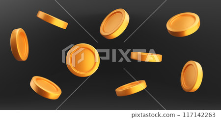 Gold stylized 3D coin in different angles 117142263