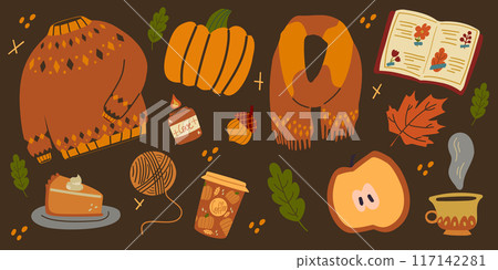 Autumn cozy collection. Symbols of fall. Pumpkin, leaves, sweater, scarf, tea an coffee. Autumn cozy collection. Symbols of fall. Pumpkin, leaves, sweater, scarf, tea an coffee. 117142281