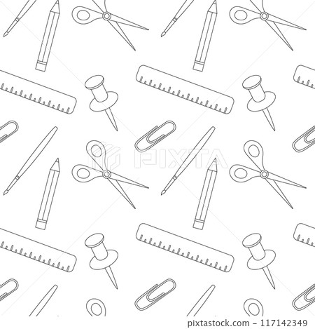 Seamless back to school pattern, school supplies, office items. Background in black and white, doodle style. 117142349
