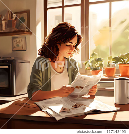 Woman reading a newspaper at a table 117142493