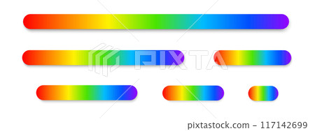 Set of buttons with light spectrum print. Different lengths lines with ultraviolet colors. Multicolored wavelengths. Colorful rainbow borders isolated on white background. Vector illustration Set of buttons with light spectrum print. Different lengths lines with ultraviolet colors. Multicolored wavelengths. Colorful rainbow borders isolated on white background. Vector illustration 117142699