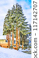 Watercolor stylization of image. Trees in the snow in front of family house Watercolor stylization of image. Trees in the snow in front of family house 117142707