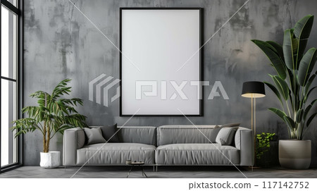 White Poster in Black Frame Mockup on Grey Wall, AI Created 117142752
