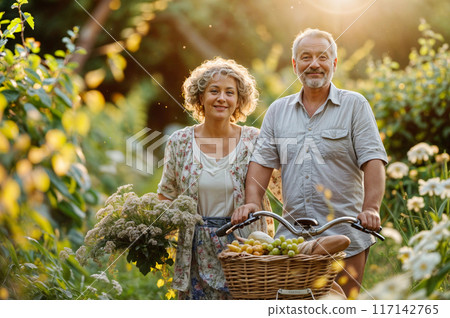 Senior couple with bike, picnic basket. Happy mature people with bicycle. Adult family outside. Woman with summer flower, elderly man on nature background. Healthy park lifestyle. Cycle vintage garden 117142765