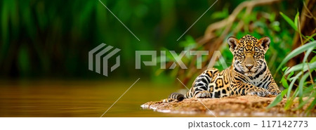 Jaguar animal in Pantanal, Brazil jungle. Amazon onca cat. Wildlife nature in America. Spotted leopard in forest near water. Fauna banner with Jaguar from Brazil Amazonia, Colombia, Guatemala, Bolivia 117142773