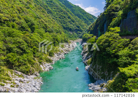 德島縣三好市大步危峽谷,翠綠清澈的溪流和美麗的山谷 德島縣三好市大步危峽谷,翠綠清澈的溪流和美麗的山谷 117142816