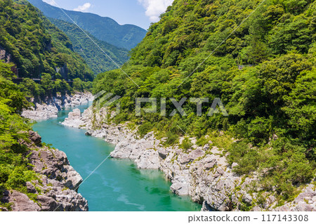 德島縣三好市大步危峽谷,翠綠清澈的溪流和美麗的山谷 德島縣三好市大步危峽谷,翠綠清澈的溪流和美麗的山谷 117143308
