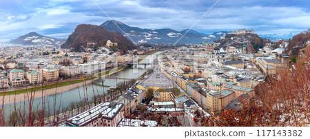 Aerial Winter Panorama of Salzburg, Austria 117143382