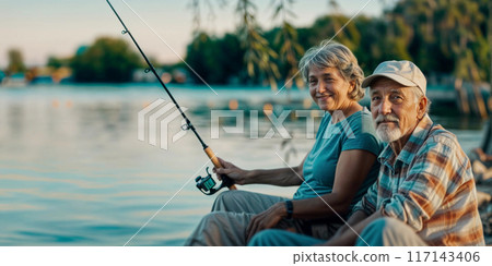 Senior couple fishing near lake. Active mature people summer lifestyle. Older man and woman outdoors hobby. Retired old adult couple near water. Senior retirement outside. Happy fisherman on lakeside 117143406