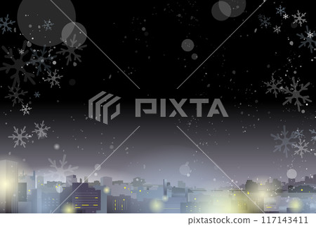 Illustration of a city street at night with snow falling 117143411