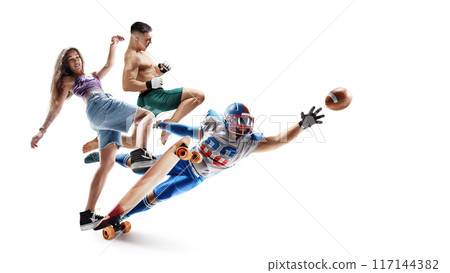 Sport in action. Longboarding, MMA, american football. Sport emotion. Professional athletes. Sport collage. Isolated in white 117144382