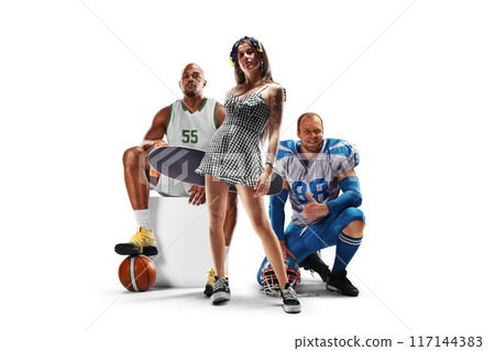 Sport emotion. Sport winners. Basketball, longboarding, football. Sport collage of professional athletes 117144383