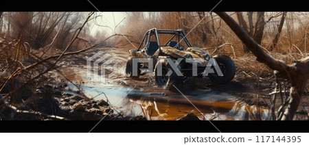 A buggy rides at through the jungle. Extreme. Splashes, dirt, branches, stones. Off-road racing. Auto-sport. Generative ai. Jungle. Sport 117144395