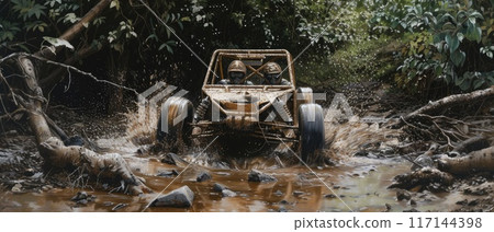 A buggy rides at through the jungle. Extreme. Splashes, dirt, branches, stones. Off-road racing. Auto-sport. Generative ai. Jungle. Sport 117144398