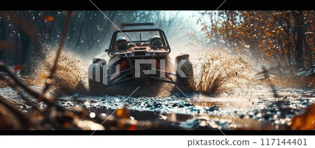 A buggy rides at through the jungle. Extreme. Splashes, dirt, branches, stones. Off-road racing. Auto-sport. Generative ai. Jungle. Sport 117144401
