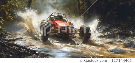 A buggy rides at through the jungle. Extreme. Splashes, dirt, branches, stones. Off-road racing. Auto-sport. Generative ai. Jungle. Sport 117144405
