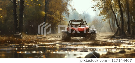 A buggy rides at through the jungle. Extreme. Splashes, dirt, branches, stones. Off-road racing. Auto-sport. Generative ai. Jungle. Sport 117144407
