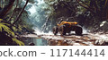 A buggy rides at through the jungle. Extreme. Splashes, dirt, branches, stones. Off-road racing. Auto-sport. Generative ai. Jungle. Sport 117144414