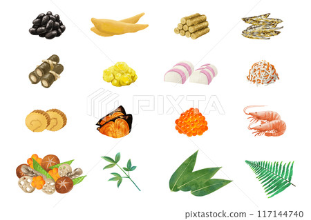 Watercolor vector illustration set of New Year's dishes 117144740