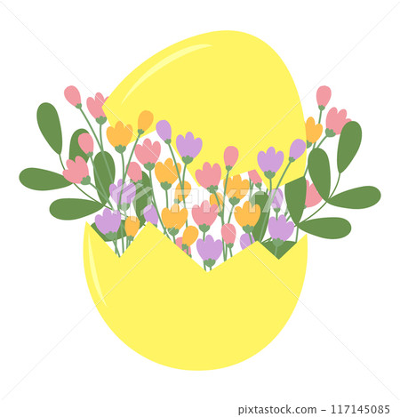 Cracked Eggshell with spring flowers and twigs inside in trendy soft shades Greeting cards template Cracked Eggshell with spring flowers and twigs inside in trendy soft shades Greeting cards template 117145085
