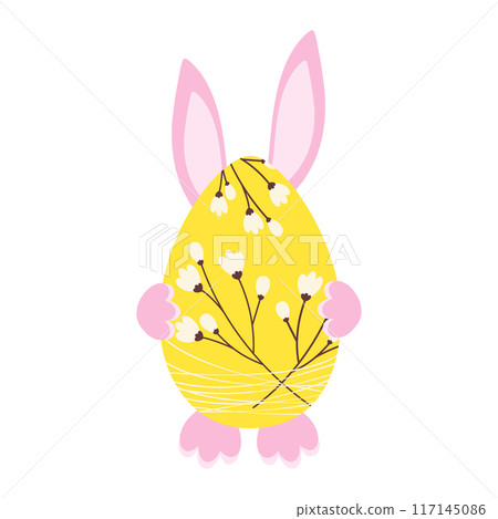 Easter egg with flower decor and soft pink bunny ears and paws behind. Greeting design element idea Easter egg with flower decor and soft pink bunny ears and paws behind. Greeting design element idea 117145086