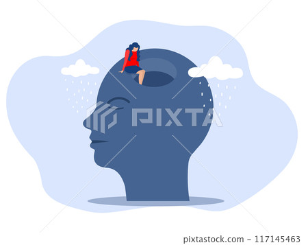 Sad girl Mental health concept,Depressed woman sits on the edge of dark hole and sees no prospects on head human Depressed person Vector illustration Sad girl Mental health concept,Depressed woman sits on the edge of dark hole and sees no prospects on head human Depressed person Vector illustration 117145463
