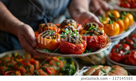Delicious Grilled Stuffed Peppers on a Serving Plate 117145583