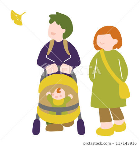 A flat illustration of a parent and child with a baby on a walk enjoying the autumn leaves A flat illustration of a parent and child with a baby on a walk enjoying the autumn leaves 117145916