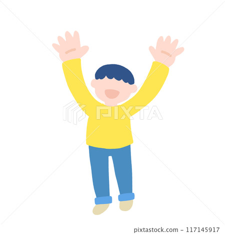 Flat illustration of a boy raising his hands and looking up at the sky Flat illustration of a boy raising his hands and looking up at the sky 117145917