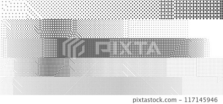 Bitmap pixelated striped pattern. Black and white halftone grunge texture. Glitch noise stripe overlay. Dotted gradient wallpaper for banner, poster, flyer, print, brochure. Vector dither background 117145946
