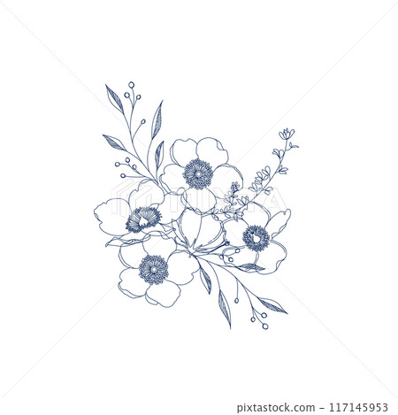 美麗可愛的藍色花線畫插圖 117145953