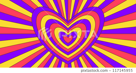 Retro trippy psychedelic background. Purple, yellow and red groovy heart with ray burst wallpaper. Vintage colorful hippie tunnel poster. Hypnotic love vibe concept. Vector valentine backdrop Retro trippy psychedelic background. Purple, yellow and red groovy heart with ray burst wallpaper. Vintage colorful hippie tunnel poster. Hypnotic love vibe concept. Vector valentine backdrop 117145955