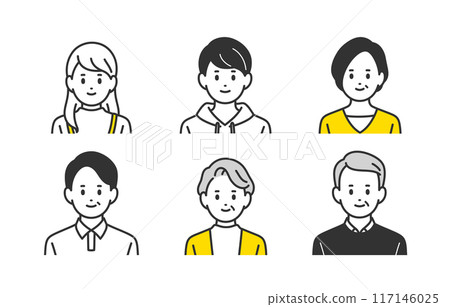 Upper body set of high school students, middle-aged people, and seniors [People vector illustration material] 117146025