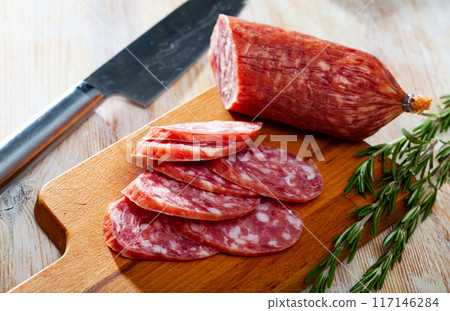 Spanish dry cured pork sausage Salchichon Spanish dry cured pork sausage Salchichon 117146284