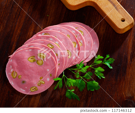 Mortadella sausage with olives 117146312