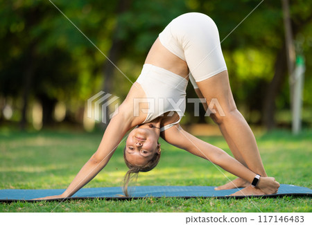 Girl in park on green grass of lawn performs Adho Mukha Svanasana Girl in park on green grass of lawn performs Adho Mukha Svanasana 117146483
