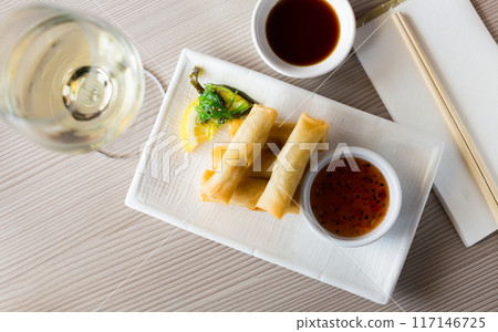 japanise meal harumaki on the plate japanise meal harumaki on the plate 117146725