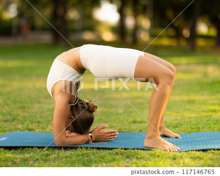 Young woman performing Chakrasana yoga asana on green meadow Young woman performing Chakrasana yoga asana on green meadow 117146765