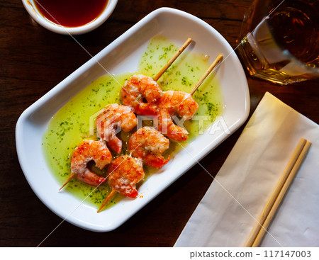 Grilled shrimp skewers. Japanese food Grilled shrimp skewers. Japanese food 117147003