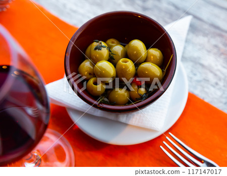 Pitted olives - typical Spanish snack close up Pitted olives - typical Spanish snack close up 117147017