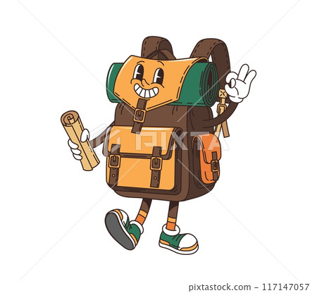 Retro cartoon groovy travel backpack character with funky face, vector comic smile. Groovy tourist backpacker bag or rucksack with map for summer vacations and holiday funny groovy character Retro cartoon groovy travel backpack character with funky face, vector comic smile. Groovy tourist backpacker bag or rucksack with map for summer vacations and holiday funny groovy character 117147057