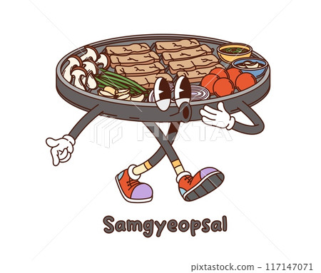 Cartoon groovy Korean samgyeopsal character. Vector popular korean barbecue dish personage featuring a sizzling grill with pork belly slices, mushrooms, garlic, green onions, and various side dishes Cartoon groovy Korean samgyeopsal character. Vector popular korean barbecue dish personage featuring a sizzling grill with pork belly slices, mushrooms, garlic, green onions, and various side dishes 117147071