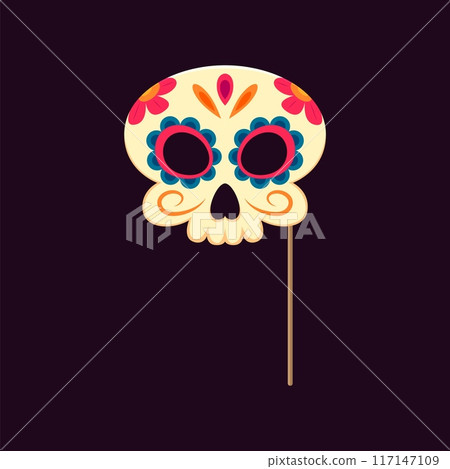 Dead day photo booth mask with props. Mexican dia de los muertos holiday sugar skull features intricate, colorful floral motifs, inspired by Halloween traditions, adding a festive touch to photos Dead day photo booth mask with props. Mexican dia de los muertos holiday sugar skull features intricate, colorful floral motifs, inspired by Halloween traditions, adding a festive touch to photos 117147109