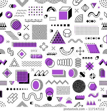 Memphis shapes seamless pattern. Vector abstract geometric vintage tile background with Hipster style black and purple colored linear figures. Trendy repeated ornament, creative wallpaper or print Memphis shapes seamless pattern. Vector abstract geometric vintage tile background with Hipster style black and purple colored linear figures. Trendy repeated ornament, creative wallpaper or print 117147112
