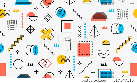 80s, 90s Memphis pattern background with geometric minimal elements and shapes, seamless vector. Memphis pattern for graphic art and Y2K background design with retro line shapes and isometric figures 117147116