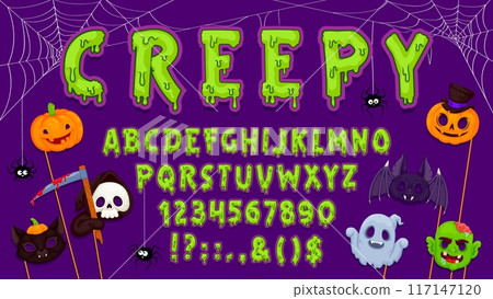 Creepy Halloween font, zombie typeface, spooky Helloween alphabet scary type with cartoon monsters masks. English abc characters vector font, green slime letters and numbers, Halloween pumpkin, ghosts 117147120