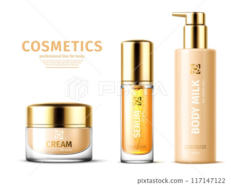 Body milk, serum and cream package cosmetic product templates. Isolated realistic 3d vector bottles and glass jar packaging mockups with golden glossy caps. Luxury cosmetics for skincare routine Body milk, serum and cream package cosmetic product templates. Isolated realistic 3d vector bottles and glass jar packaging mockups with golden glossy caps. Luxury cosmetics for skincare routine 117147122
