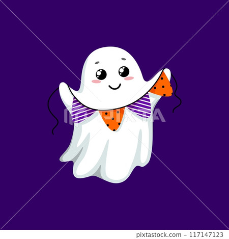 Cartoon kawaii Halloween ghost character holding festive garland. Adorable vector baby spirit personage decorating home with pennant flags adding a charming and spooky touch to holiday celebration Cartoon kawaii Halloween ghost character holding festive garland. Adorable vector baby spirit personage decorating home with pennant flags adding a charming and spooky touch to holiday celebration 117147123