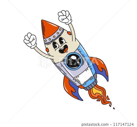 Cartoon rocket retro groovy space character. Isolated vector hippie y2k style spaceship launch into cosmos. Playful rocket with joyful face ready for galaxy adventure and fun of space exploration 117147124