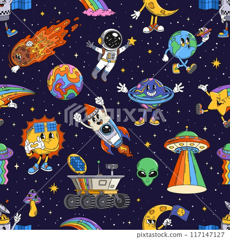 Retro groovy space characters seamless pattern with cartoon galaxy, vector background. Groovy pattern with funky psychedelic alien UFO, rainbow planet, sun and lunar rover with stars in space sky Retro groovy space characters seamless pattern with cartoon galaxy, vector background. Groovy pattern with funky psychedelic alien UFO, rainbow planet, sun and lunar rover with stars in space sky 117147127